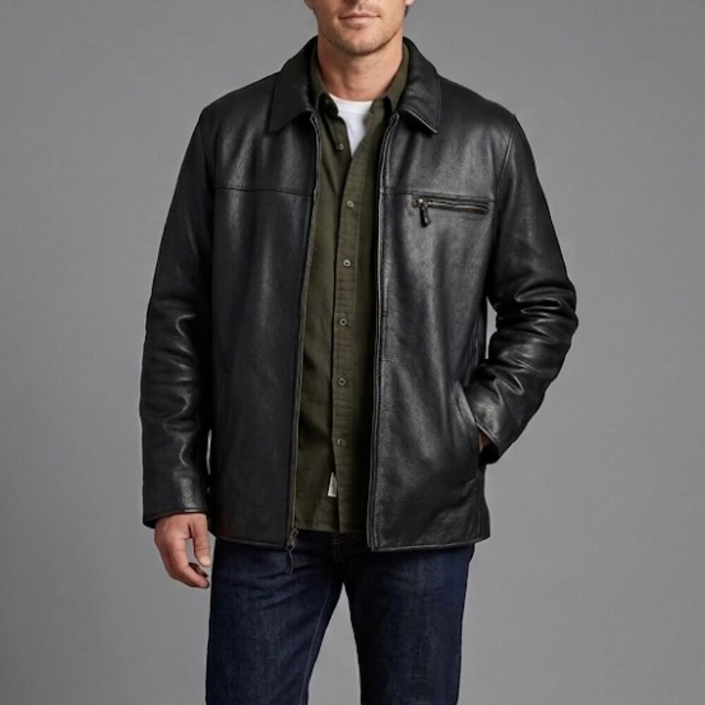 VTG L.L. Bean Leather Jacket Coat Zip Front Moto Biker Black Outerwear Mens XL